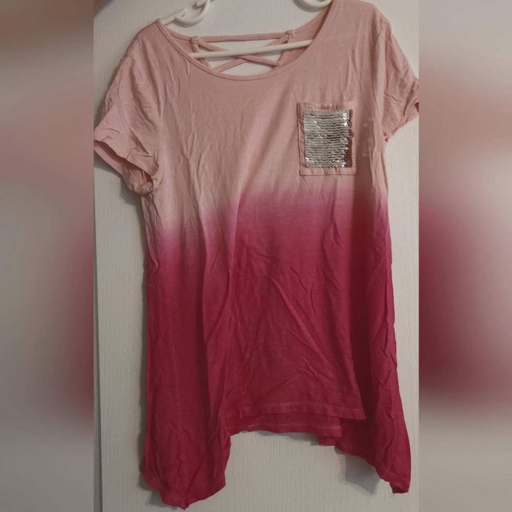 Justice pink ombre shirt with flip sequin pocket and criss-cross back